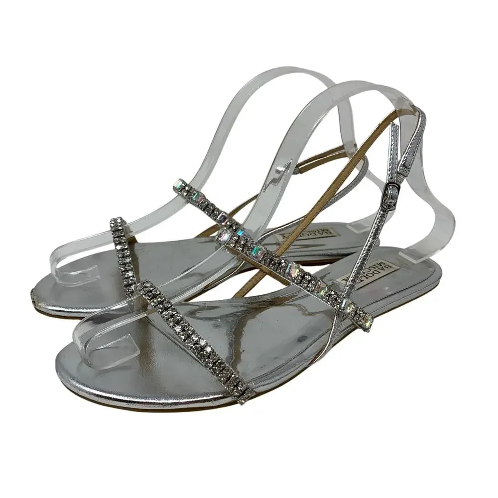 Badgley Mischka Silver Crystal Rhinestone Flat Sandals Womens Size 7 Slingback